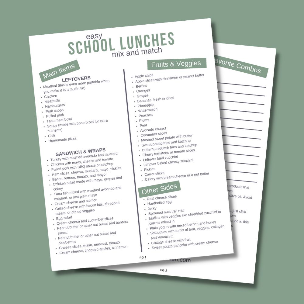 Easy and healthy school lunch ideas with printable lunch list